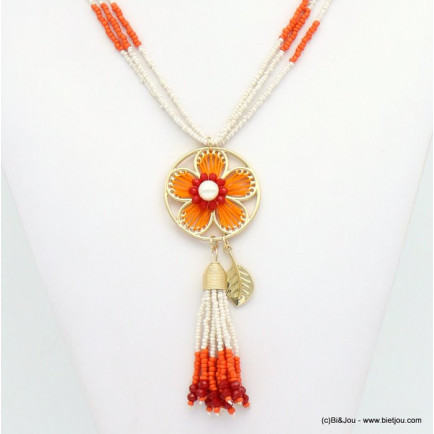 collier fleur crochet imitation perle pompon perles rocaille triple brin femme 0119030 rouge
