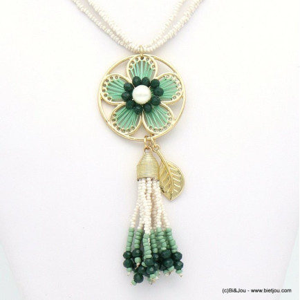 collier fleur crochet imitation perle pompon perles rocaille triple brin femme 0119030 bleu turquoise