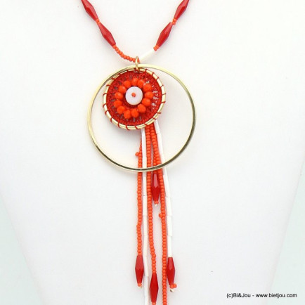 collier pendentif fleur crochet bouton de nacre anneau métal cristal polygone 0119031 rouge