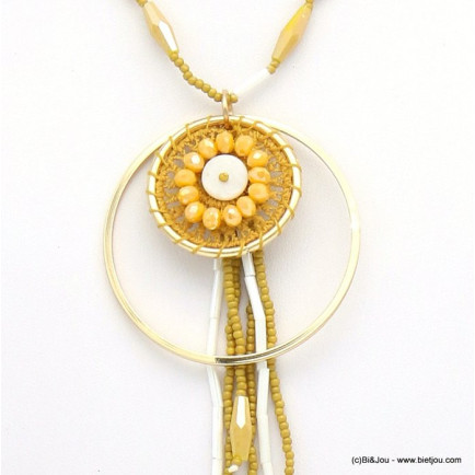 collier pendentif fleur crochet bouton de nacre anneau métal cristal polygone 0119031 jaune ocre