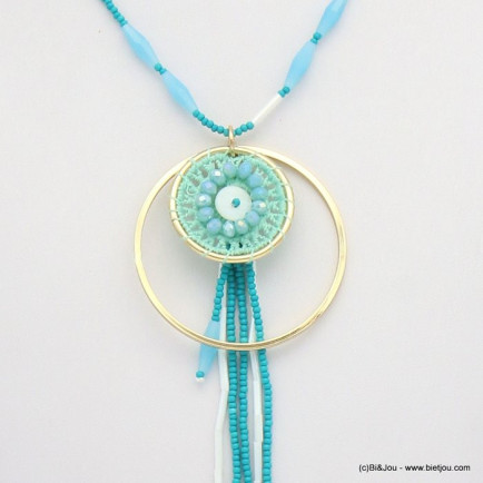 collier pendentif fleur crochet bouton de nacre anneau métal cristal polygone 0119031 bleu turquoise