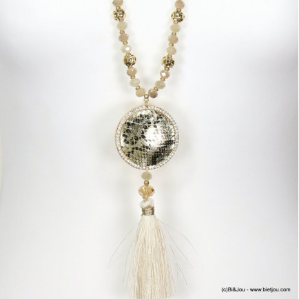 sautoir pendentif rond motif simili cuir serpent pompon fil chaîne maille royale femme 0119055 taupe