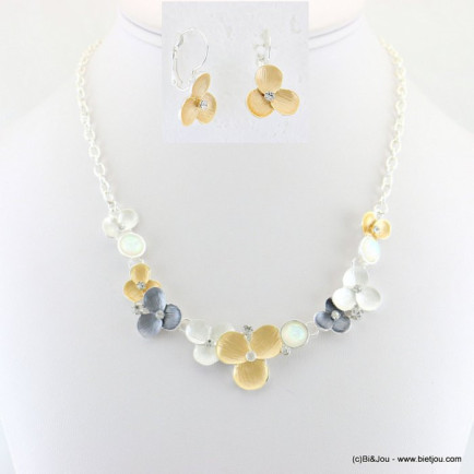 Parure collier et boucles d'oreilles avec suite de fleurs en métal de couleur pastel 0118038 gris