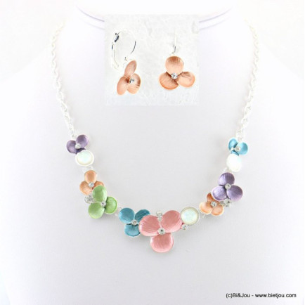 Parure collier et boucles d'oreilles avec suite de fleurs en métal de couleur pastel 0118038 multicolore