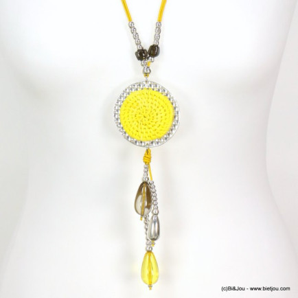 sautoir pendentif métal disque rotin tressé perles gouttes résine 0119006 jaune