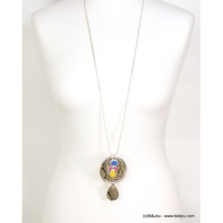 sautoir pendentif rond simili-cuir motif serpent perles acrylique femme 0119065