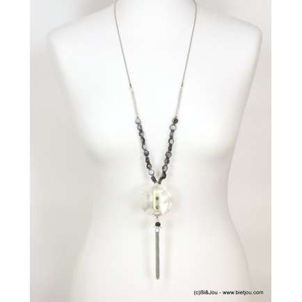 sautoir pendentif métal rond martelé perles de nacre cristal mat pompon chaîne métal 0119085