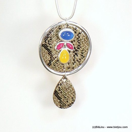 sautoir pendentif rond simili-cuir motif serpent perles acrylique femme 0119065 marron