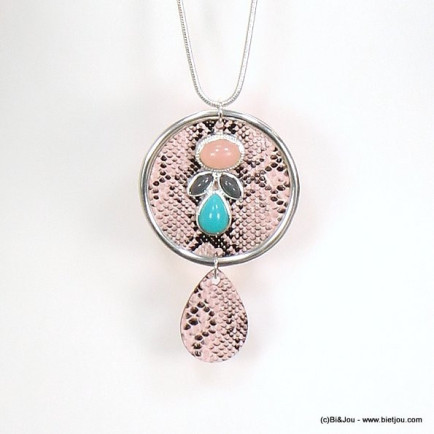 sautoir pendentif rond simili-cuir motif serpent perles acrylique femme 0119065 rose