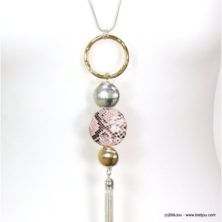 sautoir pendentif anneaux pièces métal adhésif motif serpent pompon 0119068 rose