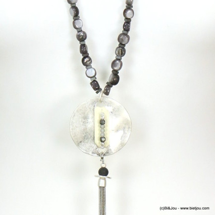 sautoir pendentif métal rond martelé perles de nacre cristal mat pompon chaîne métal 0119085 gris clair