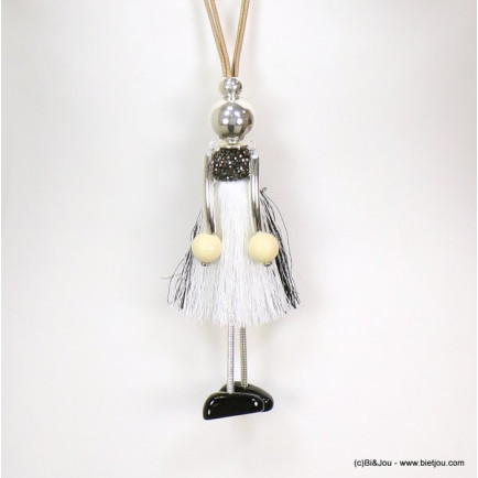 sautoir poupée articulée robe pompon fil polyester strass billes acrylique vintage femme 0119076 noir/blanc
