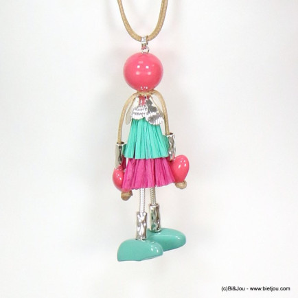 sautoir poupée articulée robe fil papier billes acrylique métal vintage femme 0119077 fushia