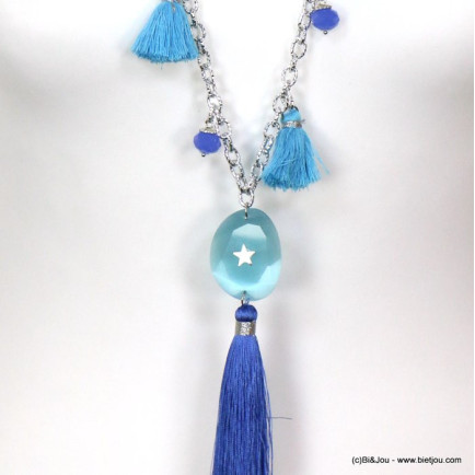 sautoir pompon tassel fil perle verre facetté cristal 0119126 bleu