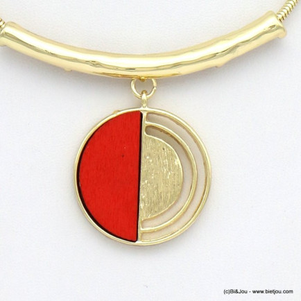 collier pendentif rond bois métal 0119079 rouge