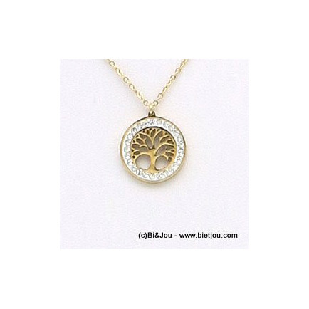 collier pendentif rond arbre de vie acier inoxydable strass 0319179 doré