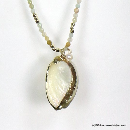 sautoir coquillage ormeau perles pierre eau douce verre cristal 0119187 vert kaki