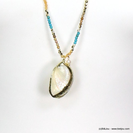 sautoir coquillage ormeau perles pierre eau douce verre cristal 0119187 bleu turquoise