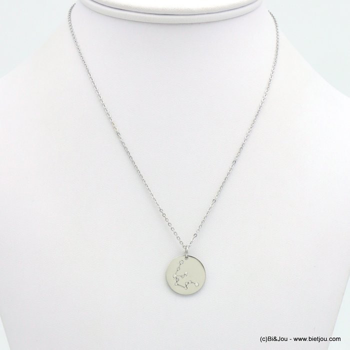 Collier chaîne en acier inoxydable, médaille gravée constellation zodiaque et strass symbole astro VERSEAU 0119246