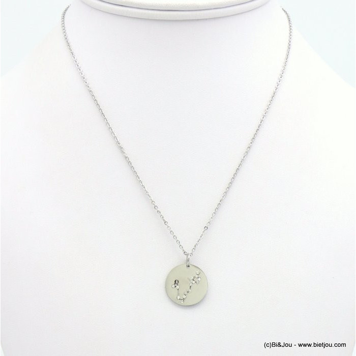 Collier chaîne en acier inoxydable, médaille gravée constellation zodiaque et strass signe POISSONS 0119247