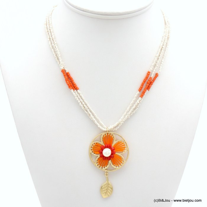 Collier, pendentif fleur, fil, perle cristal, bille acrylique, pendant feuille, rangées perles de rocaille 0119030