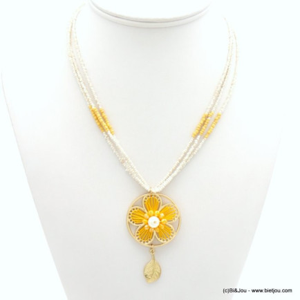 collier fleur crochet imitation perle pompon perles rocaille triple brin femme 0119030 jaune