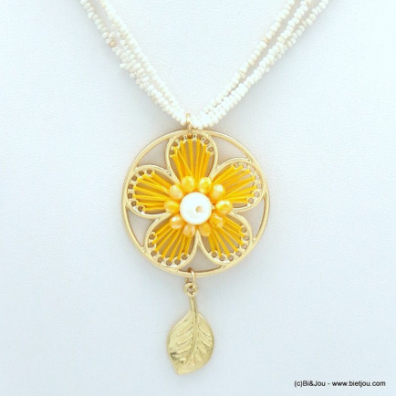 collier fleur crochet imitation perle pompon perles rocaille triple brin femme 0119030 jaune