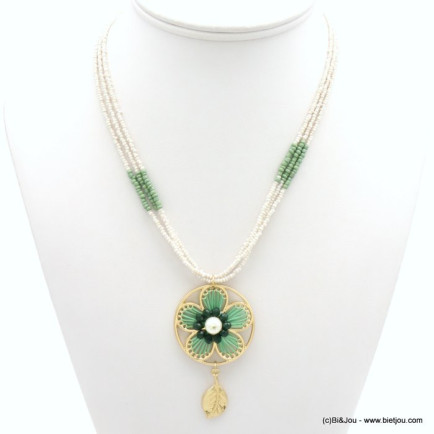 collier fleur crochet imitation perle pompon perles rocaille triple brin femme 0119030 turquoise