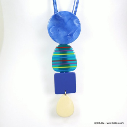 Sautoir géométrique avec cordons, pendentifs rond, forme gallet à rayures, carré, goutte en acétate et résine 0119179 bleu
