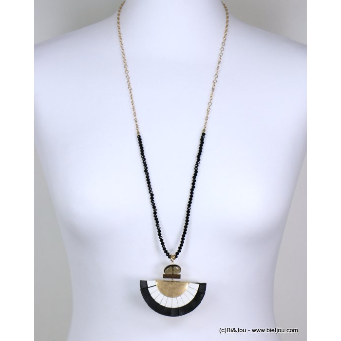 Sautoir chaîne, éventail XXL bicolore, perles facettées, pièces métal, perle et bois 0119150