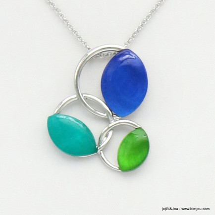 collier perles forme amande résine colorée anneaux métal entrelacés 0119516 vert