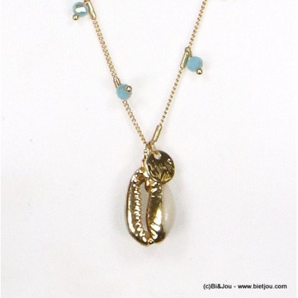 sautoir bijoux de plage coquillage cauri cristal facettées 0119292 bleu turquoise