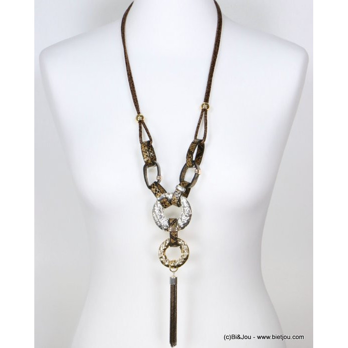Sautoir géométrique-contemporain anneaux métal martelé simili cuir motif serpent pompon chaînette bicolore 0119522