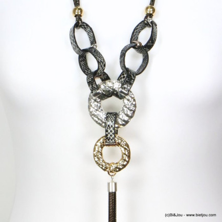 sautoir anneaux métal martelé simili cuir motif serpent pompon chaînette bicolore 0119522 noir/blanc
