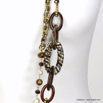 sautoir double-rangs anneaux enveloppés tweed imitation perle billes résine cristal 0119612 marron