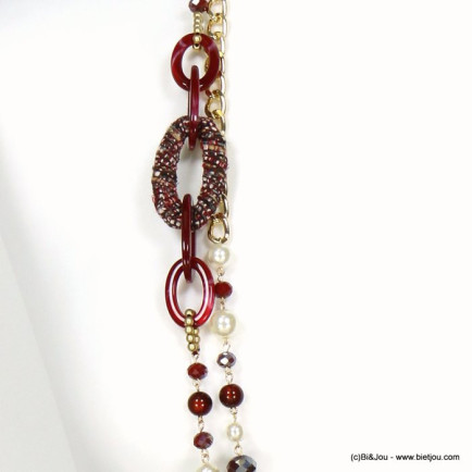 sautoir double-rangs anneaux enveloppés tweed imitation perle billes résine cristal 0119612 rouge bordeaux