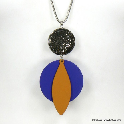 sautoir contemporain pendentif géométrique métal peint strass 0119585 bleu foncé