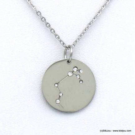 Collier chaîne en acier inoxydable, médaille gravée constellation zodiaque et strass signe BELIER  0119248 argenté