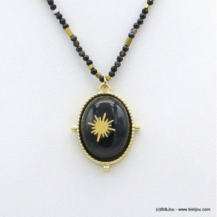collier cabochon pierre naturelle étoile du nord acier inoxydable cristal 0119643 noir