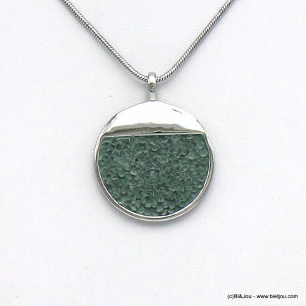 collier pendentif géométrique rond strass coloré métal 0120035 vert kaki