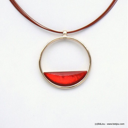 collier pendentif rond résine coloré métal 0120031 rouge corail