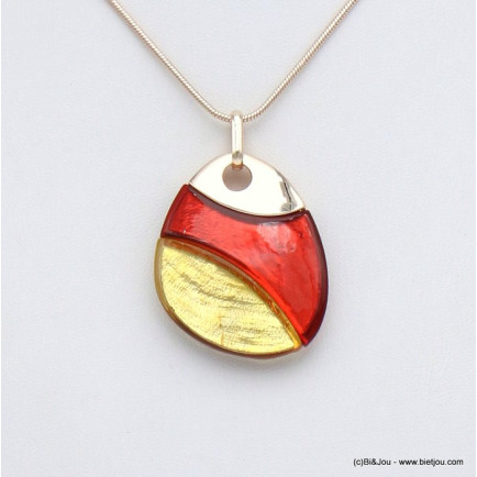 collier pendentif galet résine coloré métal 0120033 rouge corail