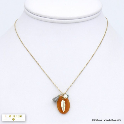 collier pendendif ovale pierre naturelle plume acier inoxydable perle eau douce 0120013