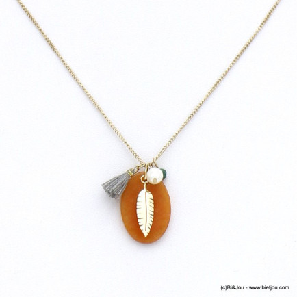 collier pendendif ovale pierre naturelle plume acier inoxydable perle eau douce 0120013 cognac
