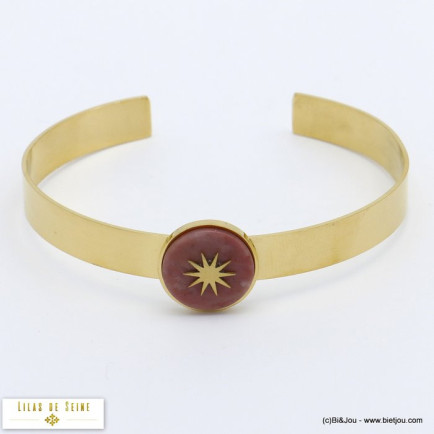 bracelet jonc ouvert pierre naturelle ronde 15mm étoile du nord acier inoxydable 0219547
