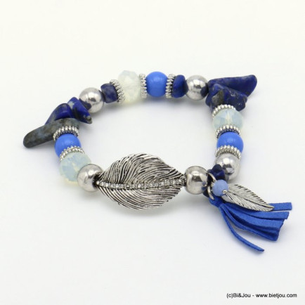 bracelet élastique feuille métal strass cristal éclats de pierre pompon suédine billes acrylique 0216164