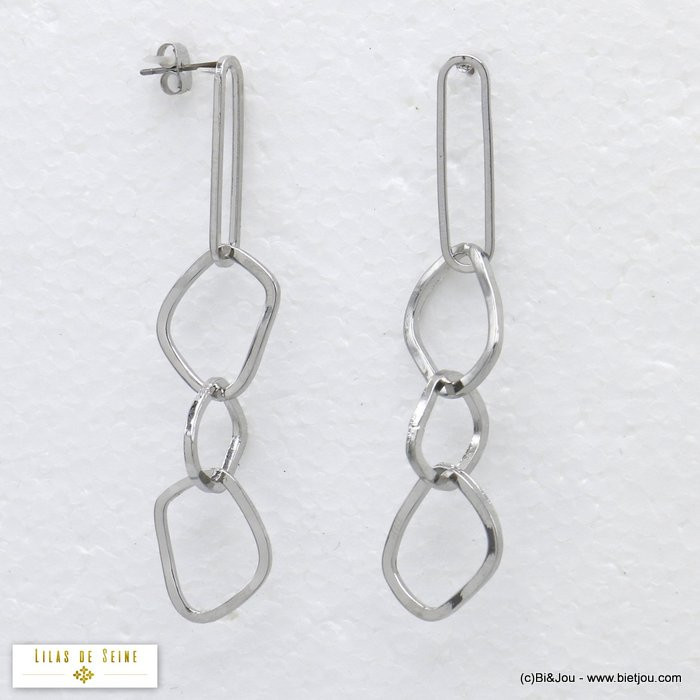 boucles d'oreilles minimaliste chaîne anneaux rectangulaires stylisés métal 0320173