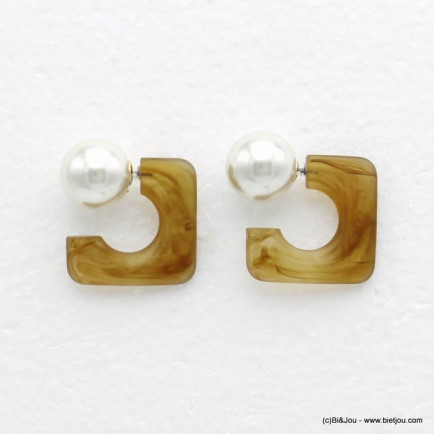 boucles d'oreilles vintage géométrique carré résine mate marbrée bille imitation perle 0320151