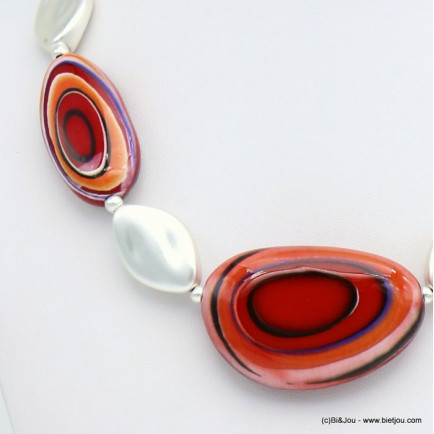 collier plastron vintage galets ccb résine colorée cordons coton ciré femme 0120003 rouge