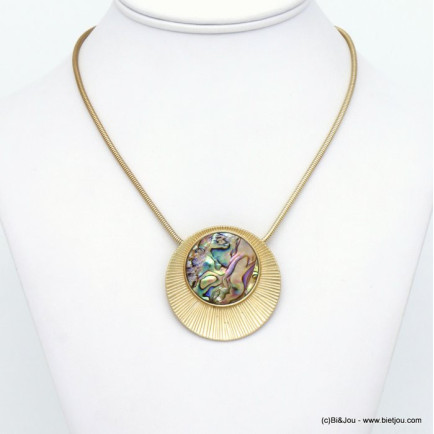 collier pendentif rond abalone ormeau métal femme 0120085